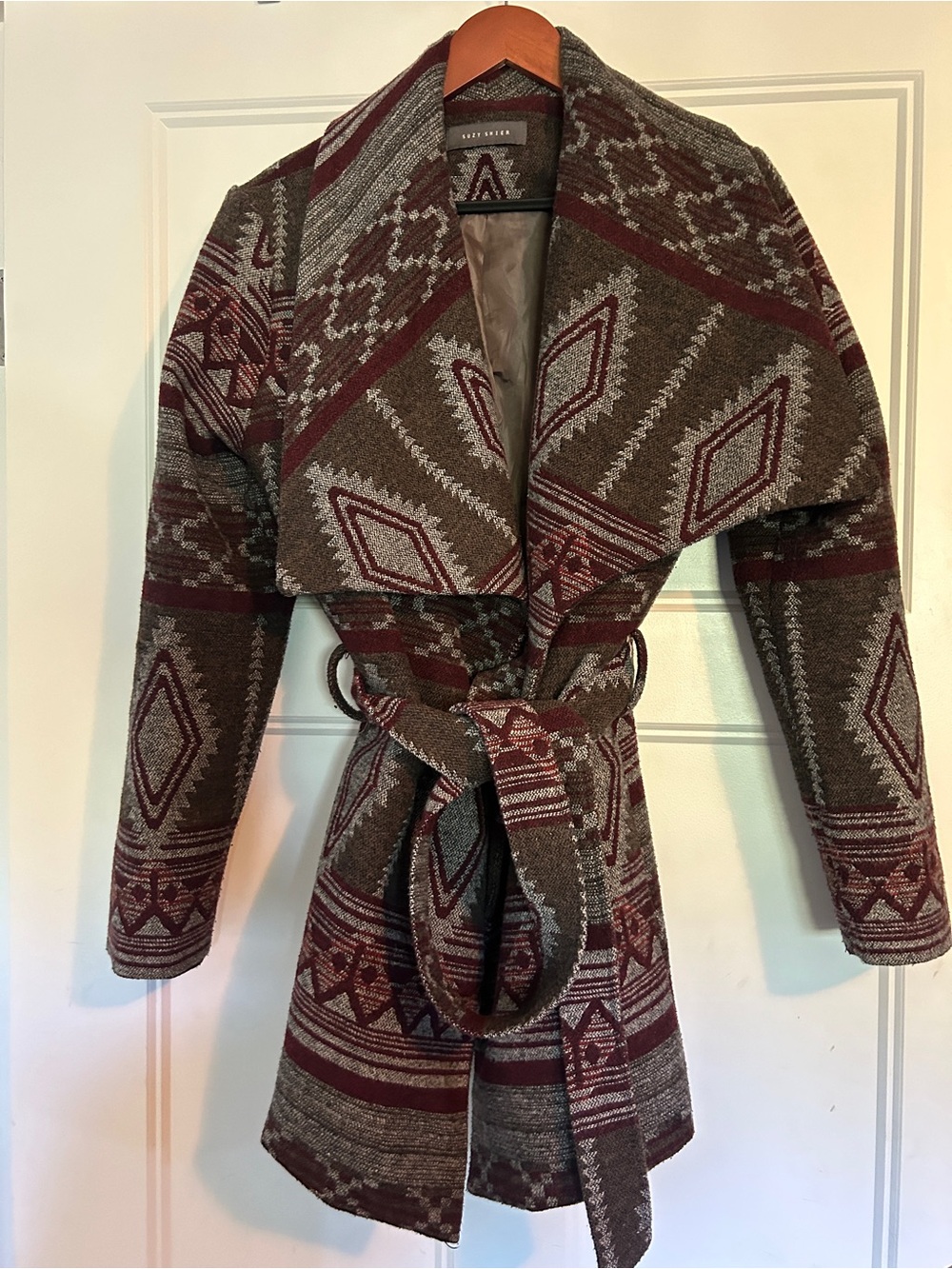 Suzy Shier Brown and Maroon Aztec Belted Coat